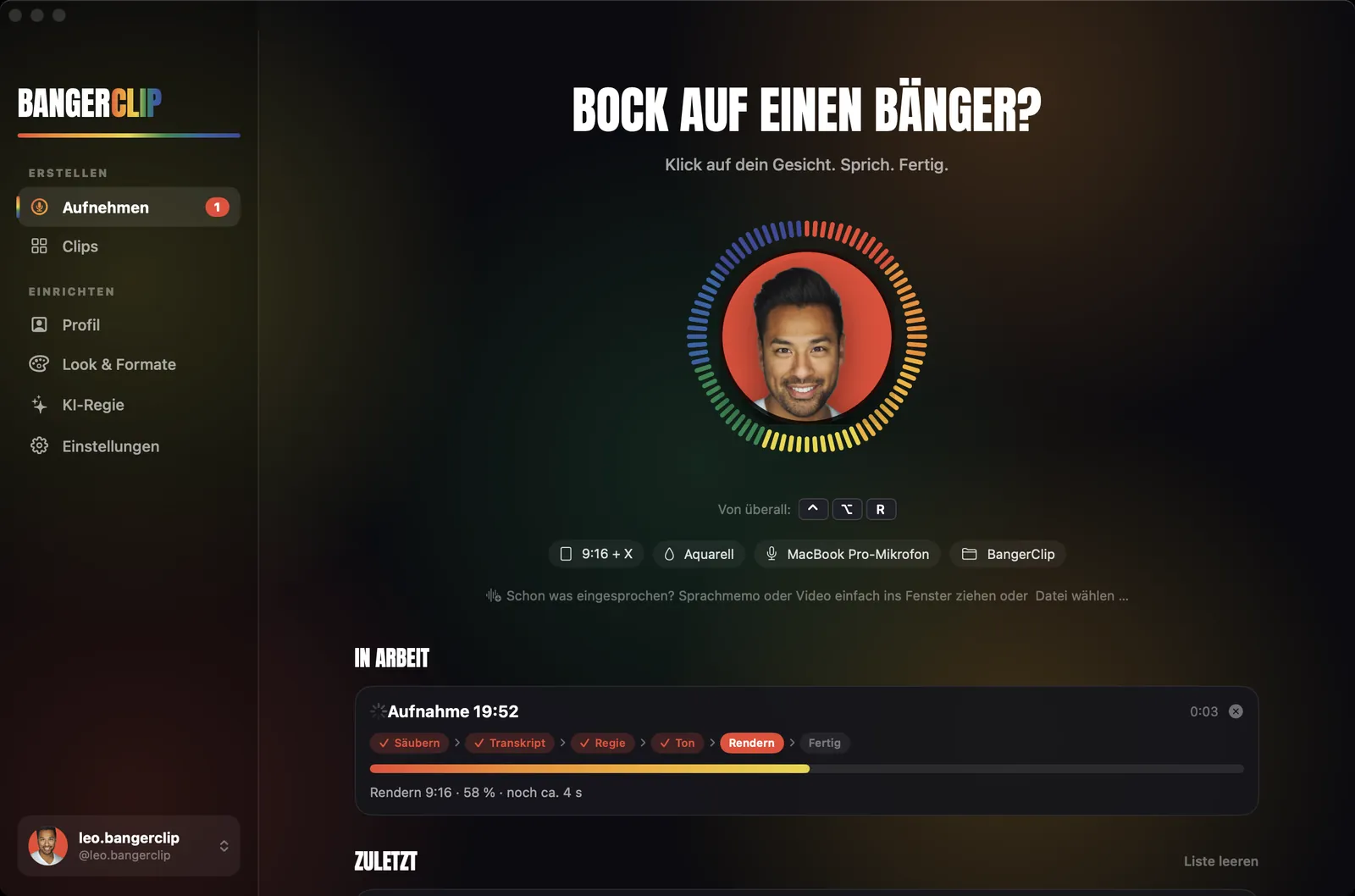 BangerClip Studio: Aufnahme-Seite mit Ton-Ring und Foto