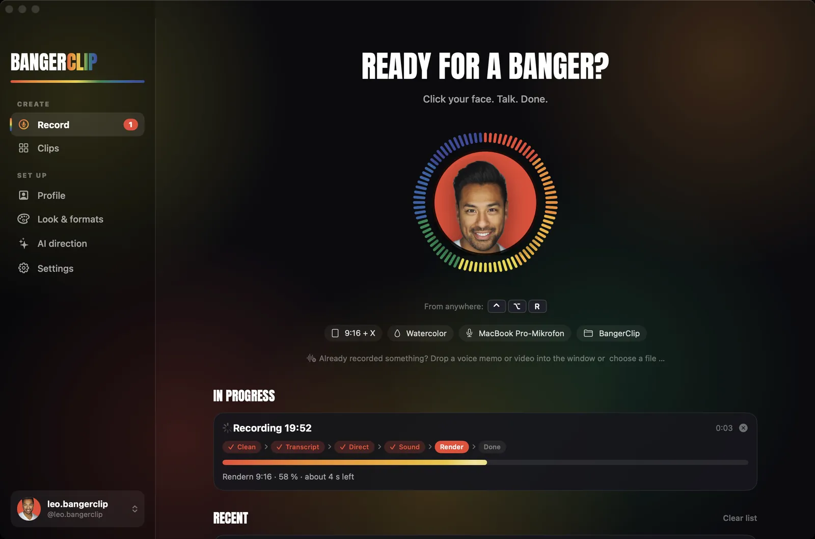 BangerClip Studio: record page with sound ring and photo