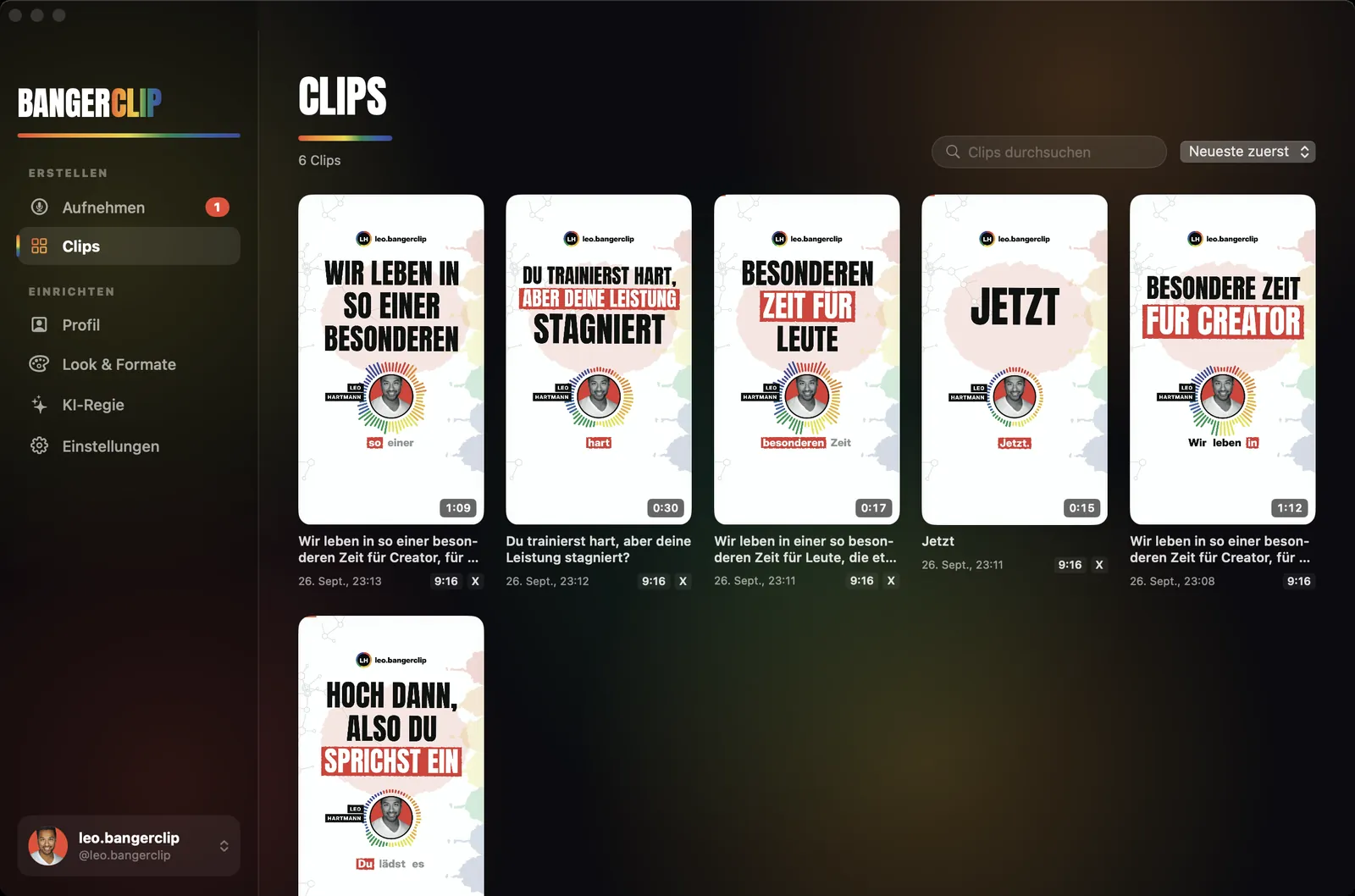 BangerClip Studio: Bibliothek aller Clips